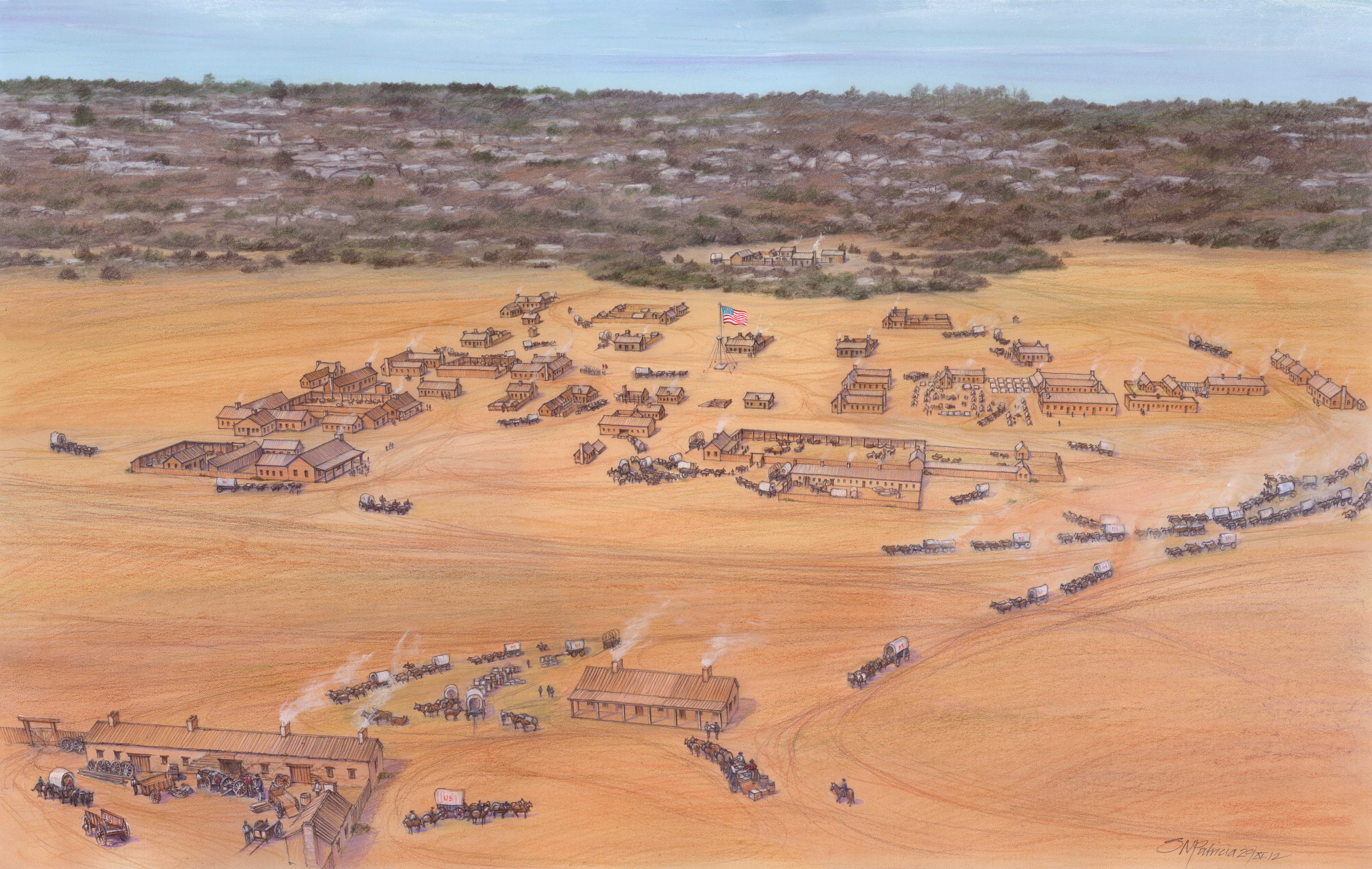 An illustration of the first Fort Union featuring wooden buildings, wagons, flag, and hill side.