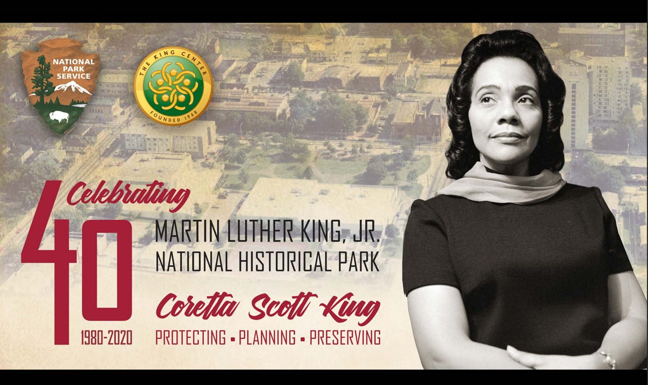 celebration banner with NPS arrowhead and picture of Coretta Scott King