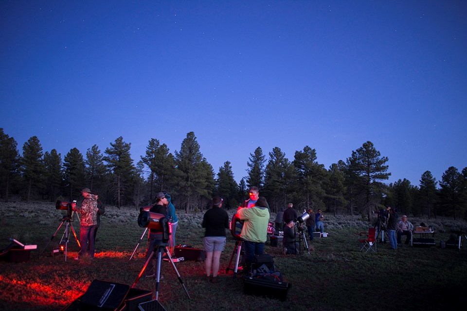 People setting up telescopes in a field at dusk