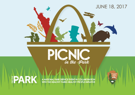 Picnic in the Park graphic showing picnic basket with park icons Picnic in the Park graphic showing picnic basket with park icons