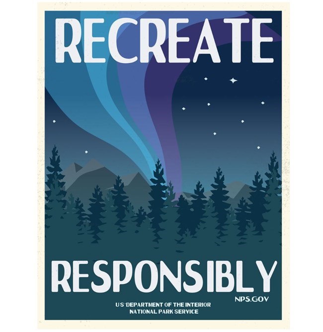 Illustration of the northern lights over a forest at night with text reading "Recreate Responsibly"