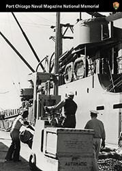 Trading Card of a ship and sailors who are working with ammunition.