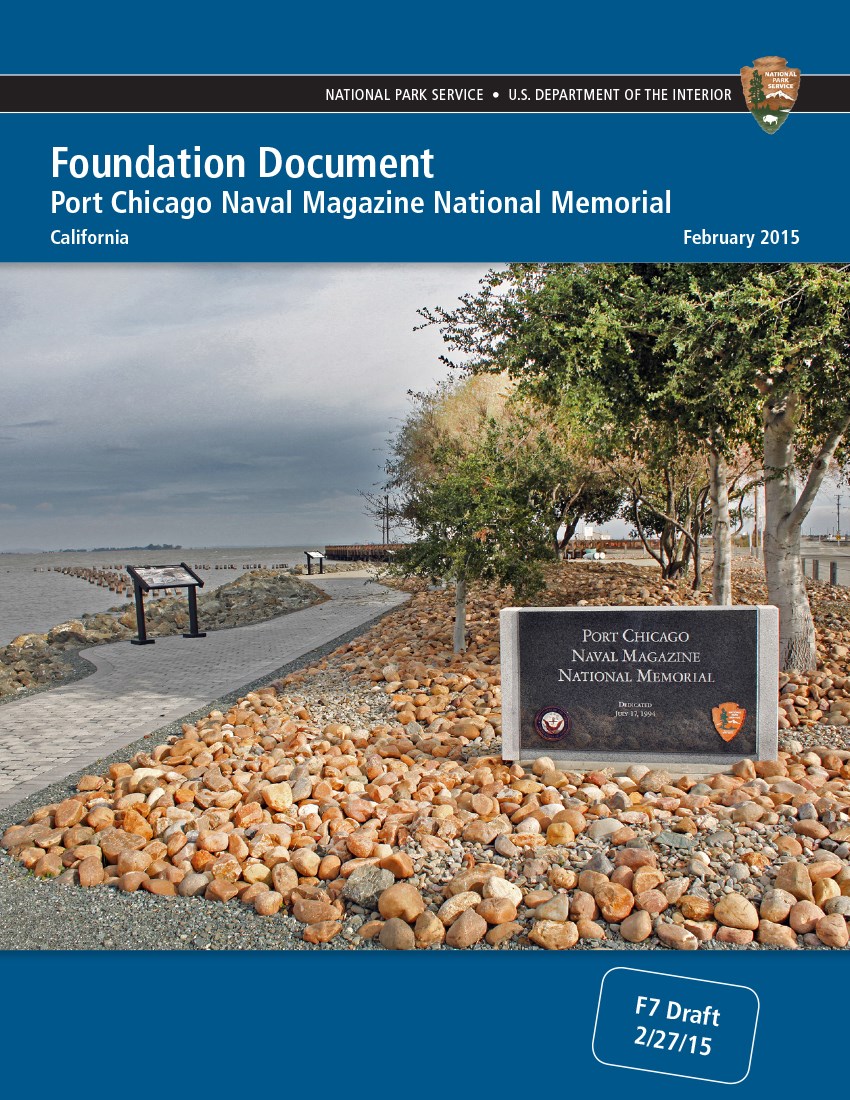 Cover of the Foundation Document book. Cover shows memorial sign next to bay.