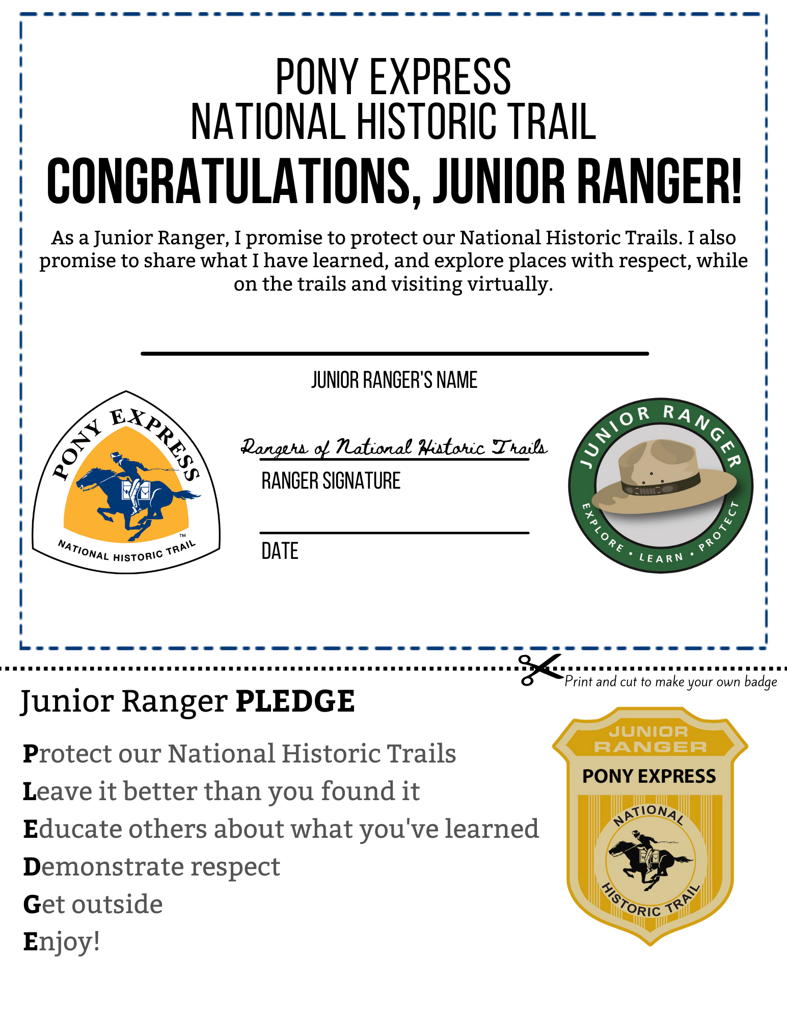A certificate that includes a junior ranger badge image.