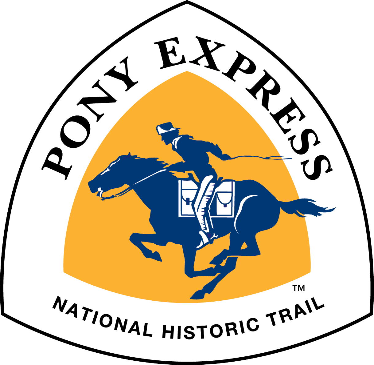 A triangle with "Pony Express" and a silhouette of a person on a horse.