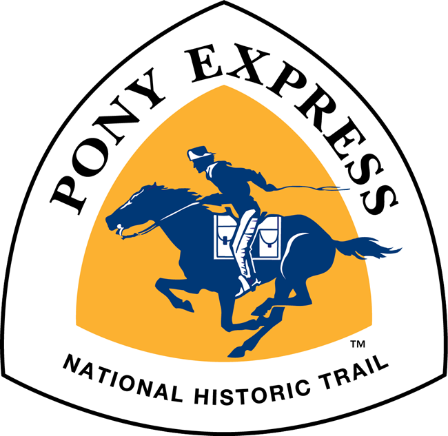 A triangle with "Pony Express" and a silhouette of a person on a horse.