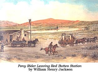 Painting of station, horse and rider, stagecoach, and a horse-drawn wagon.