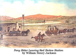 Pony Rider Leaving Red Buttes Station by William Henry Jackson Painting of station, horse and rider, stagecoach, and a horse-drawn wagon.