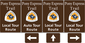 Four brown tall rectangular highway signs with white text saying: Pony Express Trail Auto Tour Route and a triangular logo with orange and white and a blue pony rider. Four brown tall rectangular highway signs with white text saying: Pony Express Trail Auto Tour Route and a triangular logo with orange and white and a blue pony rider.