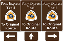Three brown tall rectangular highway signs with white text saying: Pony Express Trail To Original Route and a triangular logo with orange and white and a blue pony rider. Three brown tall rectangular highway signs with white text saying: Pony Express Trail To Original Route and a triangular logo with orange and white and a blue pony rider.
