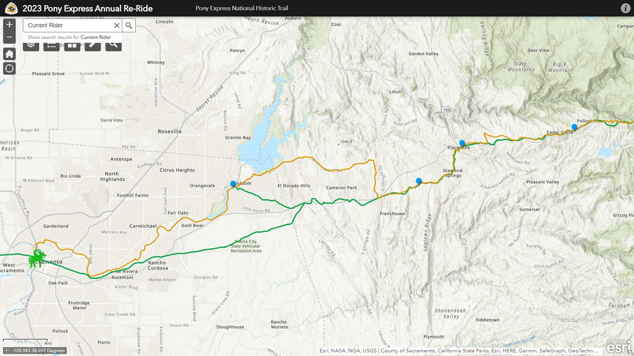 Image of a map of Sacramento California, depicting the route of the Pony Express and black drop-shaped icons at important locations