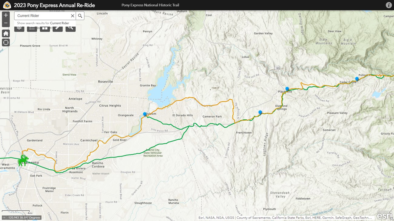 Map of Sacramento California, depicting the route of the Pony Express traveling west towards Nevada and black drop-shaped icons at important locations.