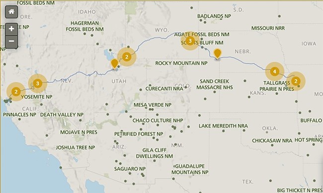 A map that depicts a trail from Missouri to Sacramento, California.