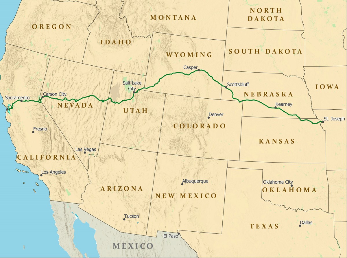 A map of the United States with a trail from St. Joseph to Sacramento.