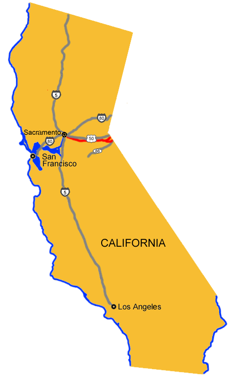 Map image showing the auto tour route driving directions into California.