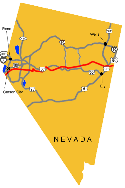 Map image showing the auto tour route driving directions across Nevada.