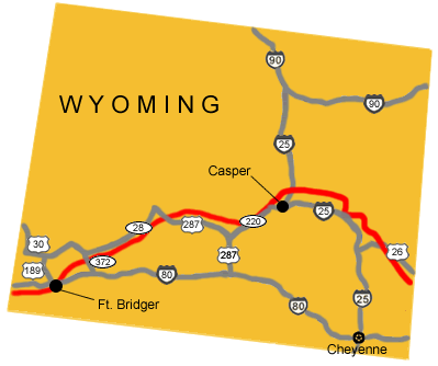 Map image showing the auto tour route driving directions across Wyoming.