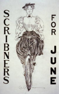 Black and white print of a woman on a bicycle with a skirt and a ruffle shirt