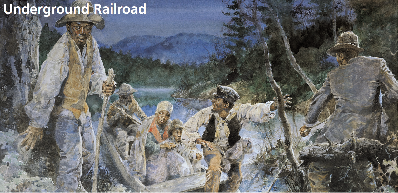 a watercolor illustration of a family disembarking a small boat helped by two members of the underground railroad under the cover of night.