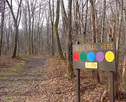 Trail head signs lead to forest covered trails in early spring