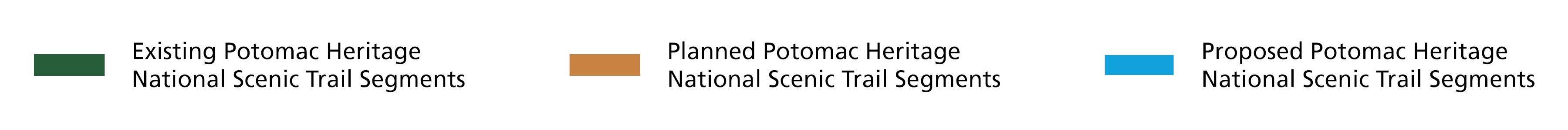 Legend for the map above: Dark green lines are the existing segments, orange lines are the planned segments, and blue lines are the proposed segments of the Potomac Heritage National Scenic Trail.