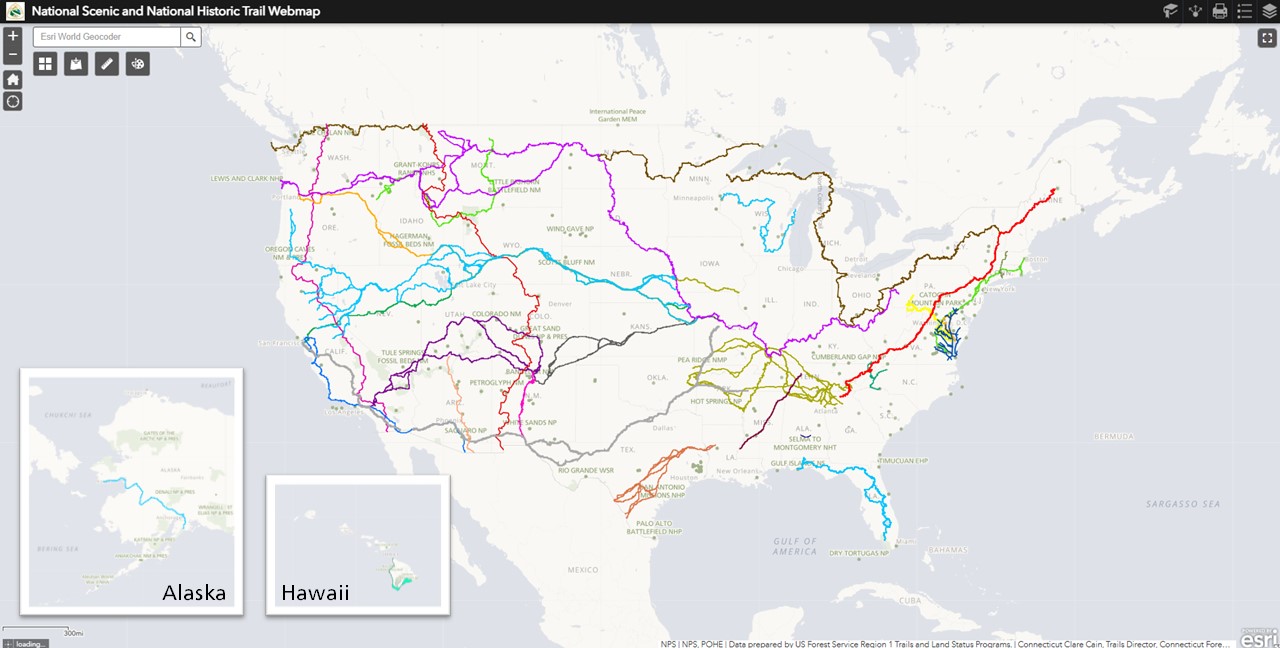 A map of the National Trails System in the Unites States, including Hawaii and Alaska