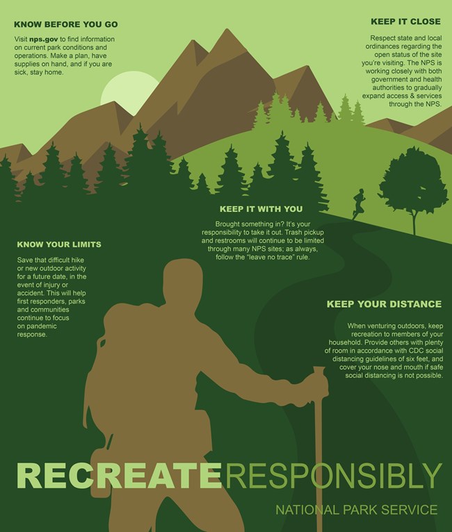 Recreate responsibly - Safety tips include staying local, packing out all waste, avoid unnecessary risks, keeping distance from others, and check nps.gov for more information.