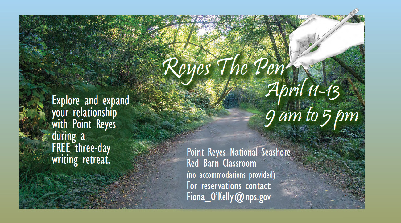 Photograph of green trail with illustrated hand and pencil writing out event information, headlined "Reyes the Pen"