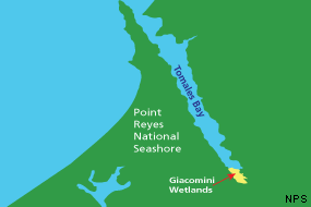 Map showing the location of the Giacomini Wetlands relative to Tomales Bay and Point Reyes National Seashore.