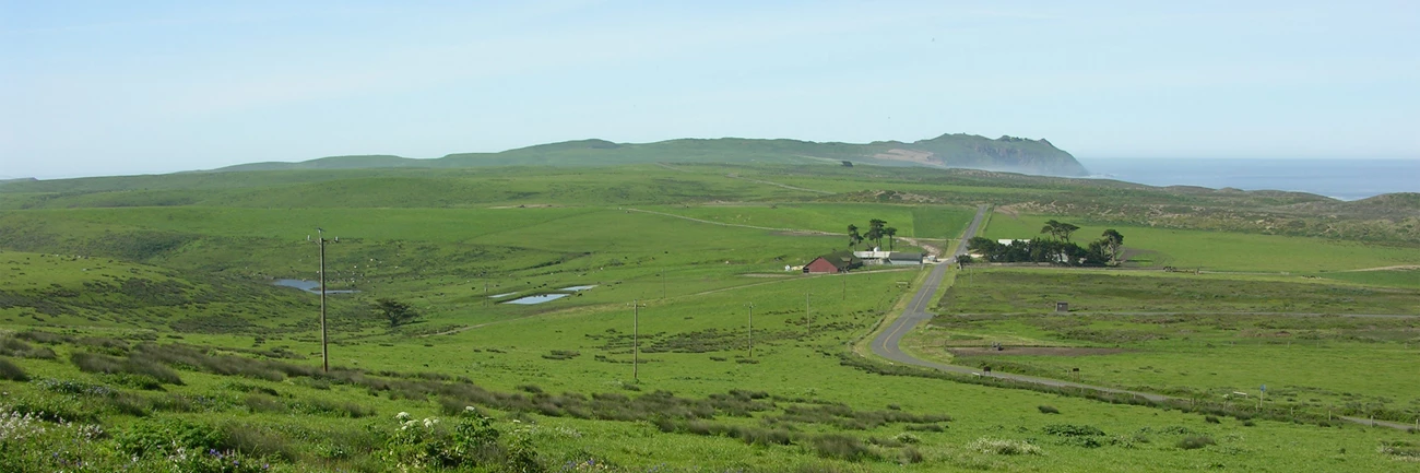 Spaletta Ranch with the Point Reyes Headlands in the background on April 18, 2016. A narrow road winds through tan and green pastureland, through a cluster of buildings, and off toward a rocky headland on the edge of the ocean.