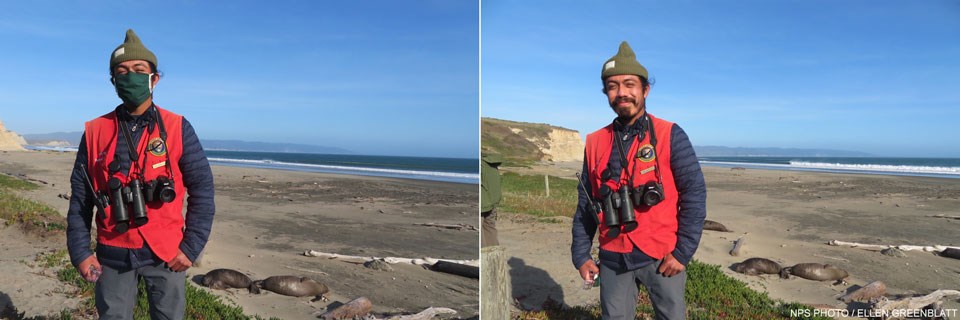 Two photos of a docent wearing a red docent vest and green knit cap standing next to a beach. The left photo shows Kevin wearing a mask; the right photo without.