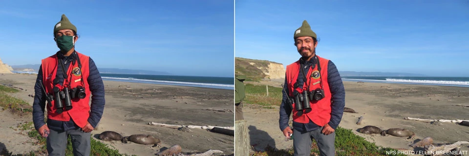 Winter Wildlife Docent Kevin Garcia Lopez at Drakes Beach on February 27, 2021. Two photos of a docent wearing a red docent vest and green knit cap standing next to a beach. The left photo shows Kevin wearing a mask; the right photo without.