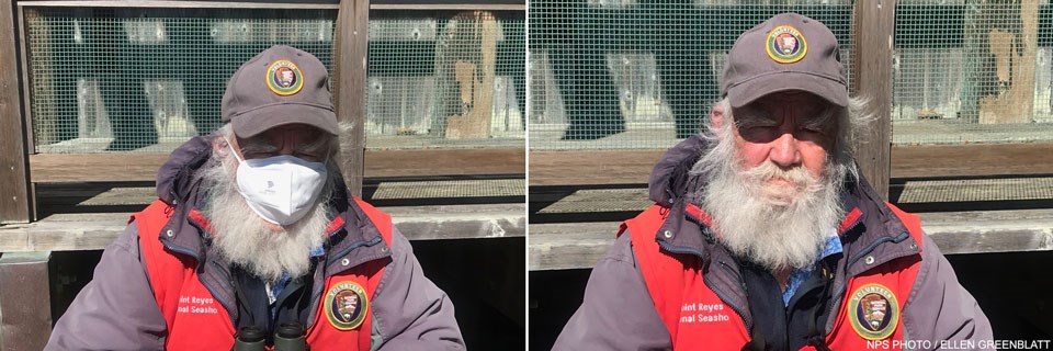 Two photos of a bearded docent wearing a red docent vest and a gray volunteer baseball cap. The left photo shows Jeff wearing a mask; the right photo without.