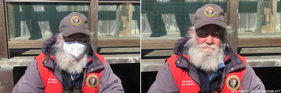 Winter Wildlife Docent Jeff Wilkinson outside the Kenneth C. Patrick Visitor Center at Drakes Beach on February 24, 2021. Two photos of a bearded docent wearing a red docent vest and a gray volunteer baseball cap. The left photo shows Jeff wearing a mask; the right photo without.