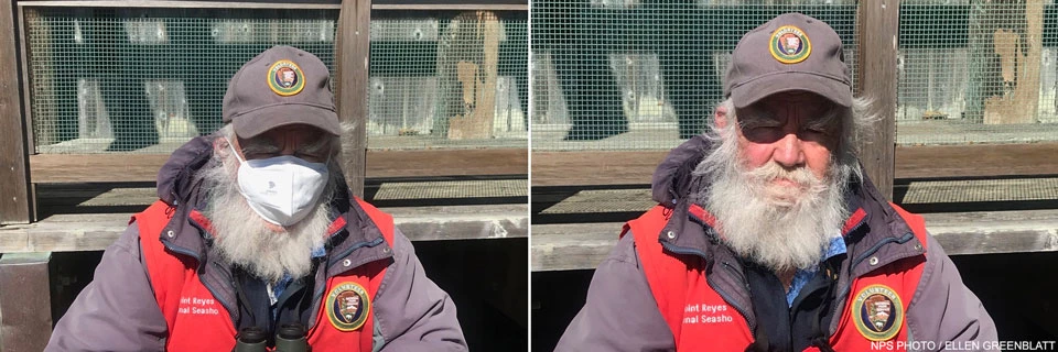Winter Wildlife Docent Jeff Wilkinson outside the Kenneth C. Patrick Visitor Center at Drakes Beach on February 24, 2021. Two photos of a bearded docent wearing a red docent vest and a gray volunteer baseball cap. The left photo shows Jeff wearing a mask; the right photo without.