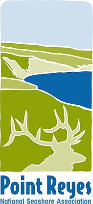 A logo featuring a silhouette of a bull elk's head against a cartoon of coastal grasslands with a semi-circular section of bay on the right. The words Point Reyes National Seashore Association are below the cartoon.