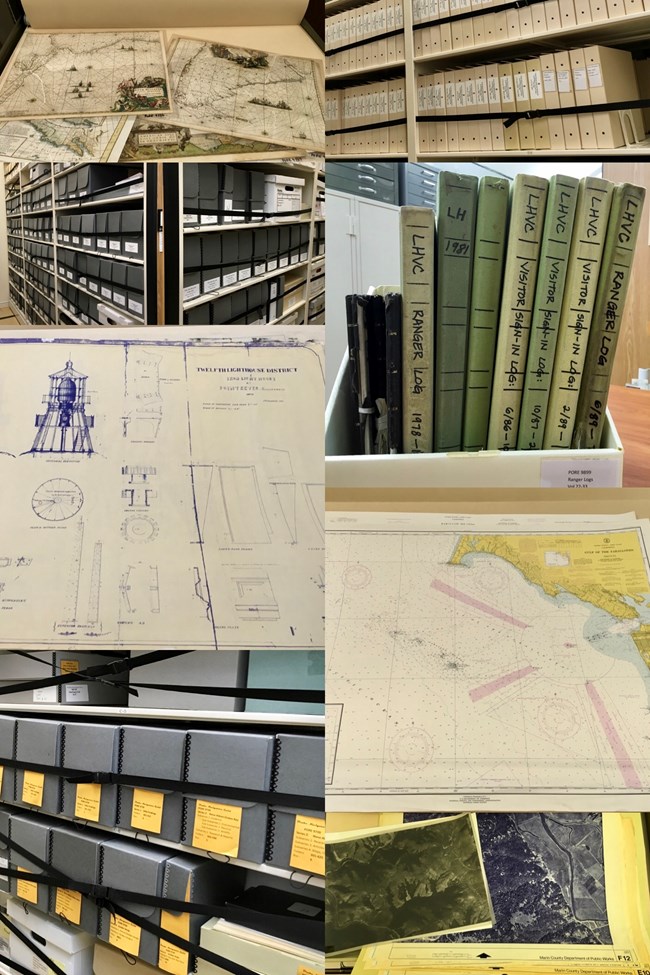 Collage of archival documents, maps, drawings, aerial photos, and archives collections storage.