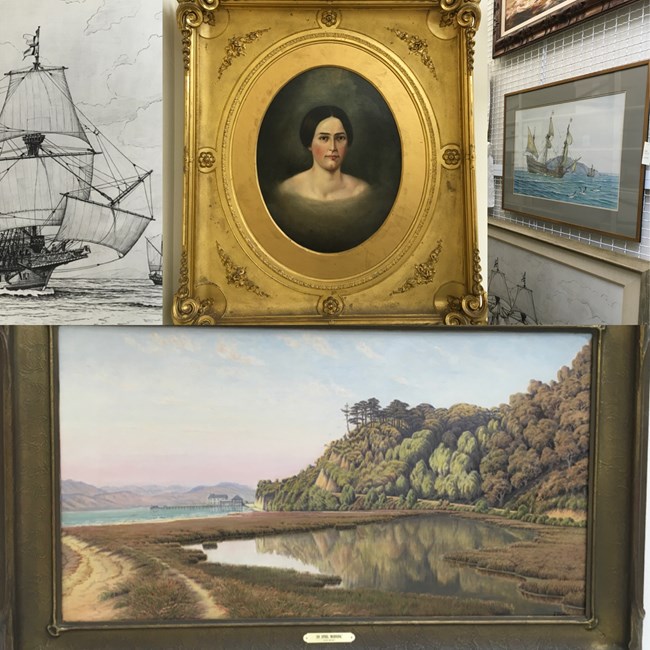 Collage of paintings and drawings showing portrait of woman, ships, and Point Reyes peninsula landscape.