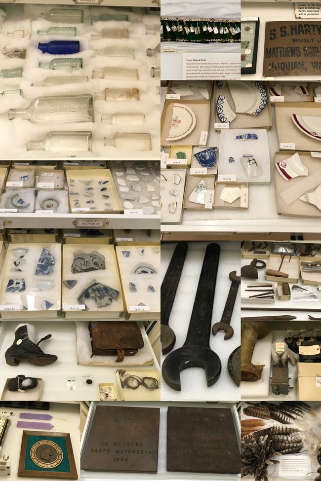 Collage of cultural objects in a museum collections facility from 16th to 19th centuries.
