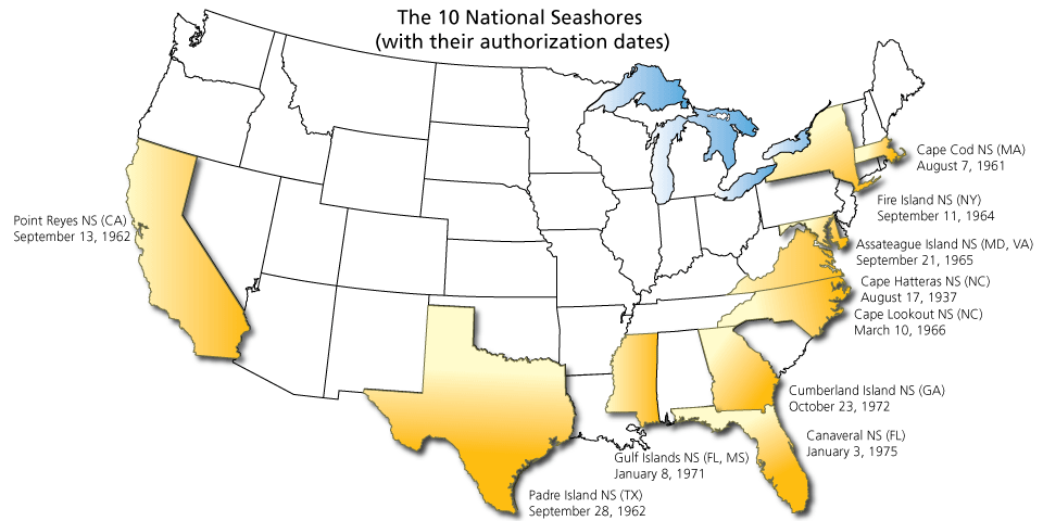 A map of the lower 48 states with the names of 10 national seashores placed close to the seashores' locations.