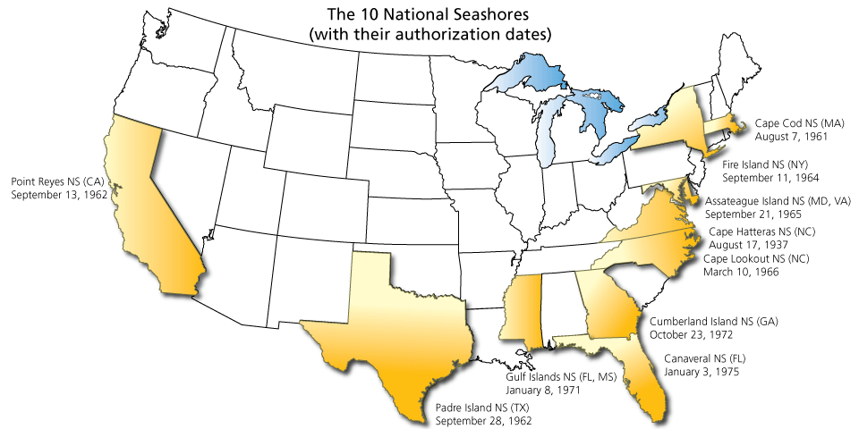 A map of the United States with the names of National Seashores and their authorization dates placed close to the seashores' locations. A map of the lower 48 states with the names of 10 national seashores placed close to the seashores' locations.