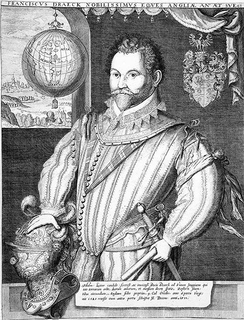 An engraving of a bearded man wearing 1570s-era clothing with his right hand on a helmet and his left hand at his hip close to a sword.