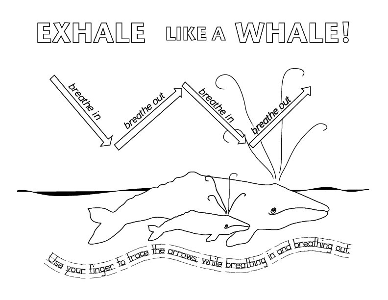 A coloring page featuring a cartoon of a gray whale mother and calf exhaling at the surface of the ocean.