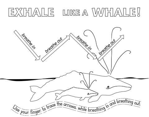 A coloring page featuring a cartoon of a gray whale mother and calf exhaling at the surface of the ocean.