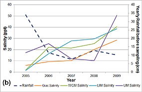 Figure 8. Average salinity by site and year, compared to annual rainfall accumulation in cm by the end of the benthic sampling season (usually December or January). Click on this image to view a full size version of this graph (36 KB PDF).