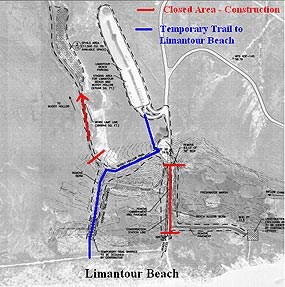 A map showing where a temporary trail was routed during a restoration project at Limantour Beach from August 1 to October 31, 2008.