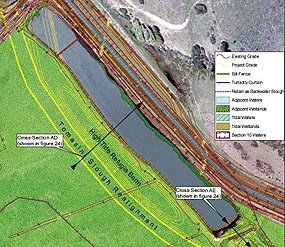 Graphic showing design of East Pasture rail refugia and berming of East Pasture Old Slough Pond for tidewater goby.