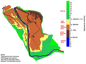 This map shows the expected extent and duration of tidal inundation under current sea level conditions should the levees and tidegates simply have been removed with no additional earthmoving (i.e., tidal channel creation, ditch filling).