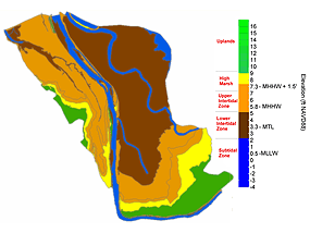 This map shows the expected extent and duration of tidal inundation under moderate sea level rise conditions of 0.5 meters, which is based on the average rate of sea level rise estimated by the IPCC model scenarios.