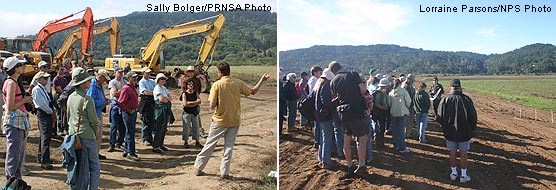 Mark Cederborg, Project Manager, Hanford ARC, discusses challenges of constructing in wetlands (left), while Brannon Ketcham, Park Service hydrologist, discusses change in hydrology with restoration (right).